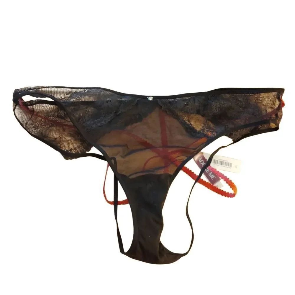 Adore Me Black Lace Sheer Thong with Red Strap Detail (501)